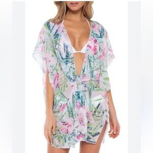 BECA by Becca Virtue Tropical Floral Swim Cover Up Kimono White Pink Green M/L